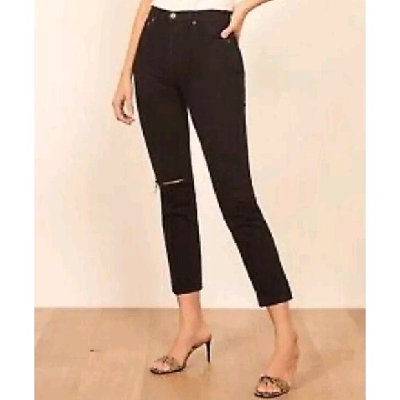 Reformation Julia High Rise Jeans Black Size 23 Faded Black Destroyed Hem - Picture 1 of 5